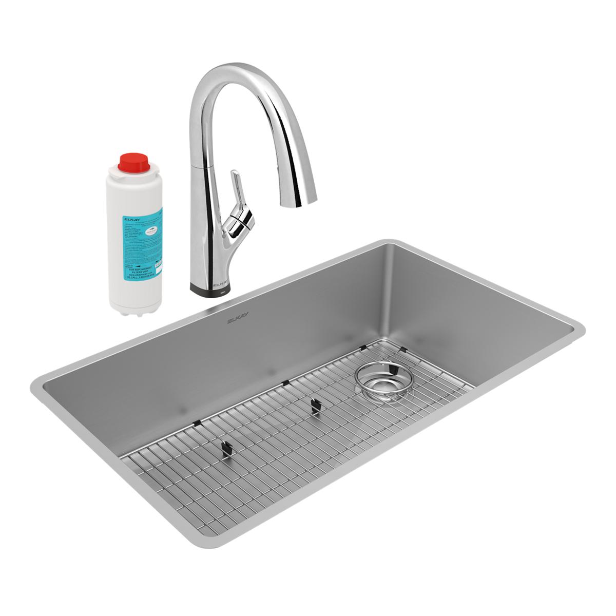 Stainless steel undermount sink with single bowl, grid insert, chrome pull-down faucet, and replacement water filter cartridg
