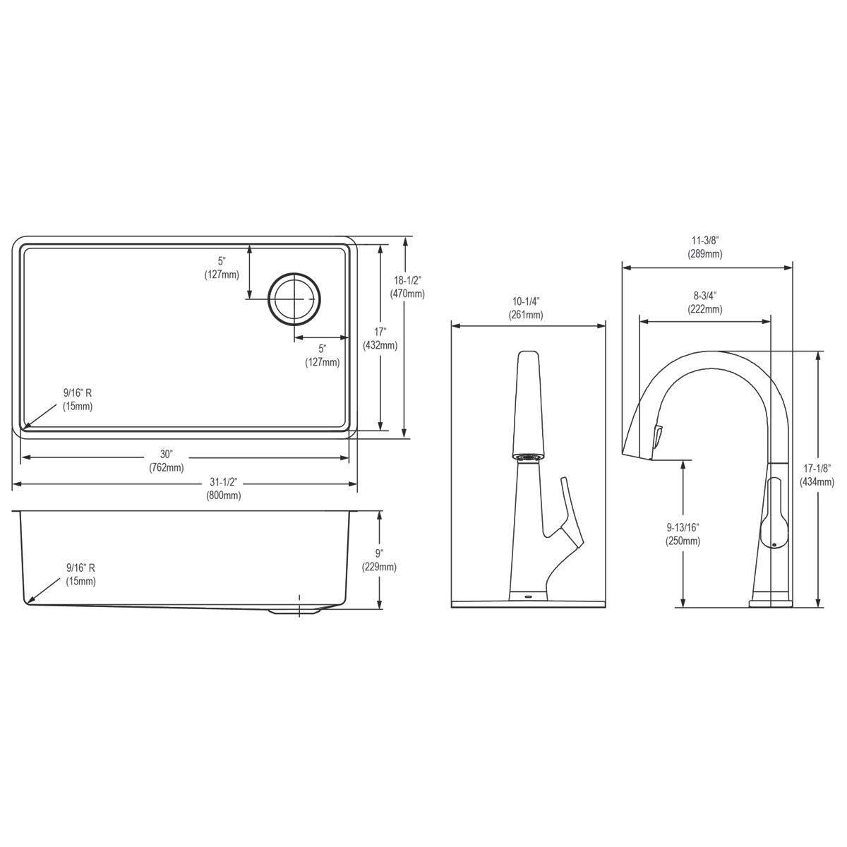 Stainless steel undermount sink with single bowl and pulldown filtered faucet shown in top, side, and front technical diagram