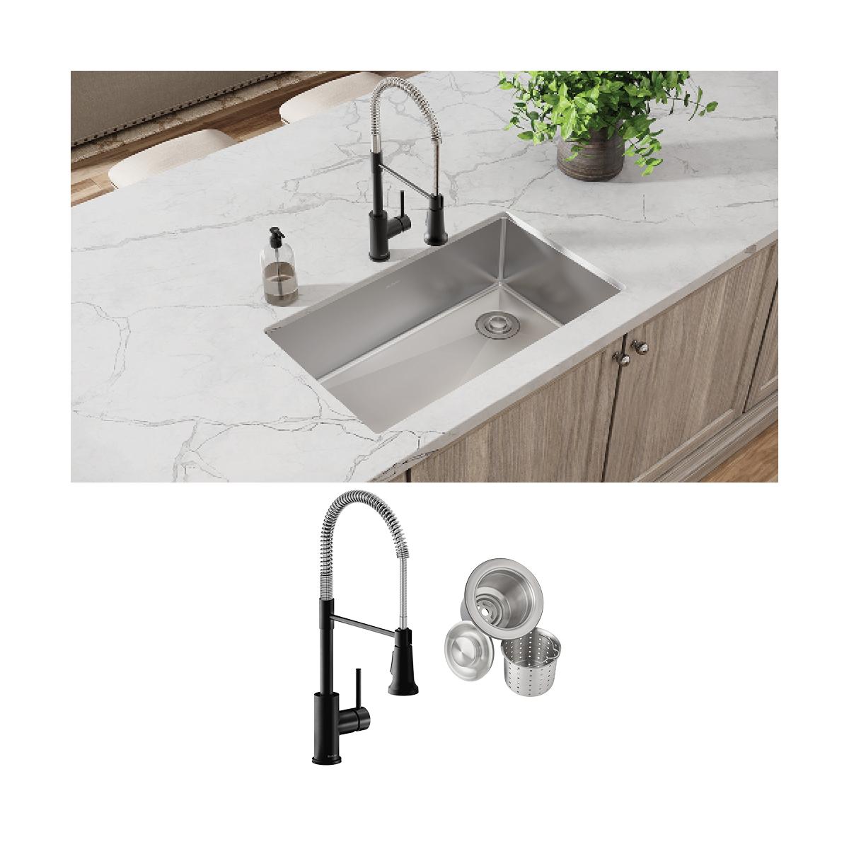Stainless steel single bowl undermount sink with black pull-down faucet and drain strainer accessories.