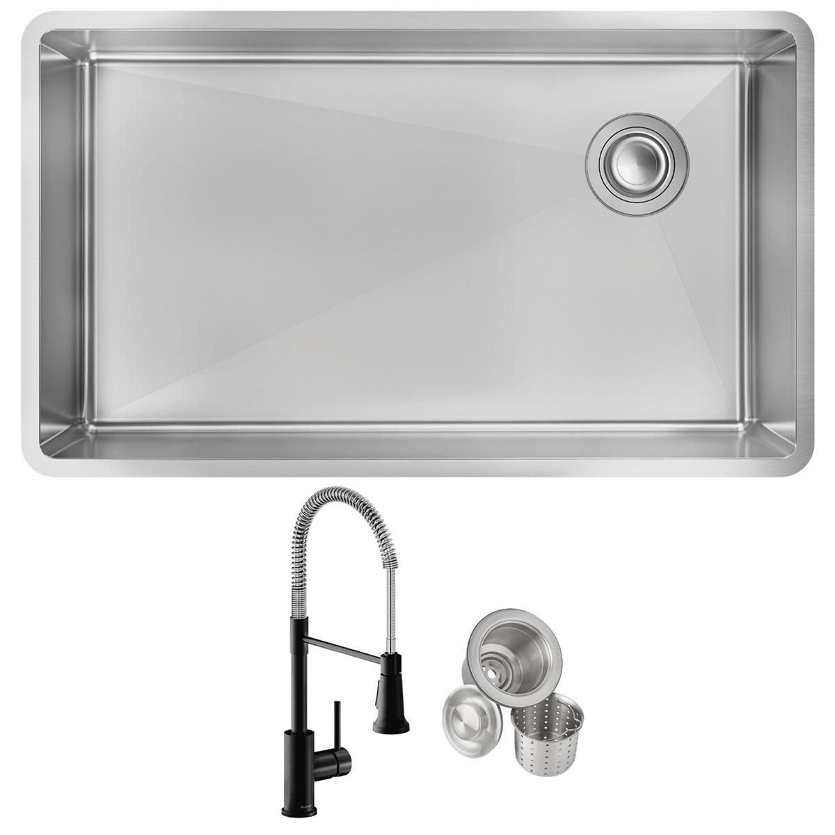 Stainless steel single-bowl undermount sink with rounded corners, drain opening, black pull-down faucet, and strainer basket 