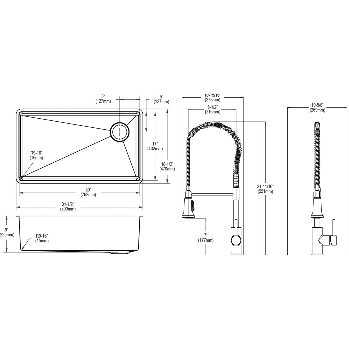 Technical drawing showing stainless steel undermount sink basin with single bowl, pull-down faucet, and drain specifications 