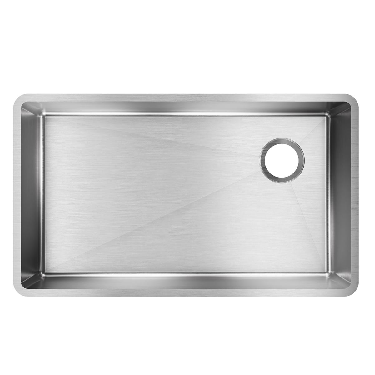Stainless steel undermount sink with single basin and drain hole on right side, viewed from above.
