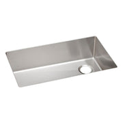 Stainless steel rectangular undermount sink with single bowl and drain hole.