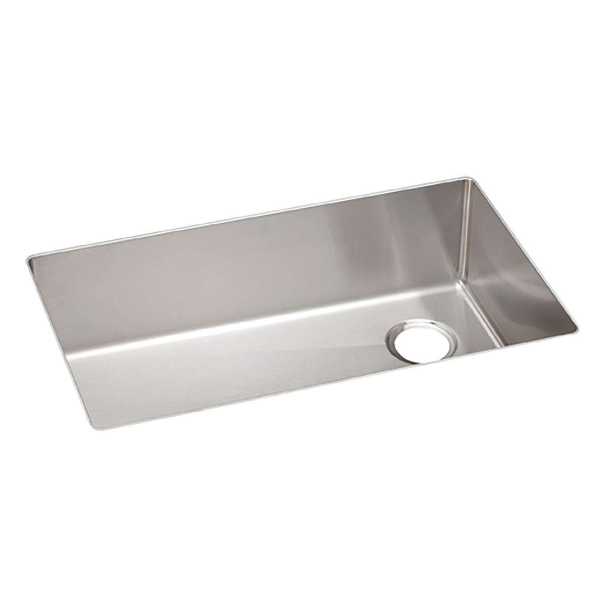 Stainless steel rectangular undermount sink with single bowl and drain hole.