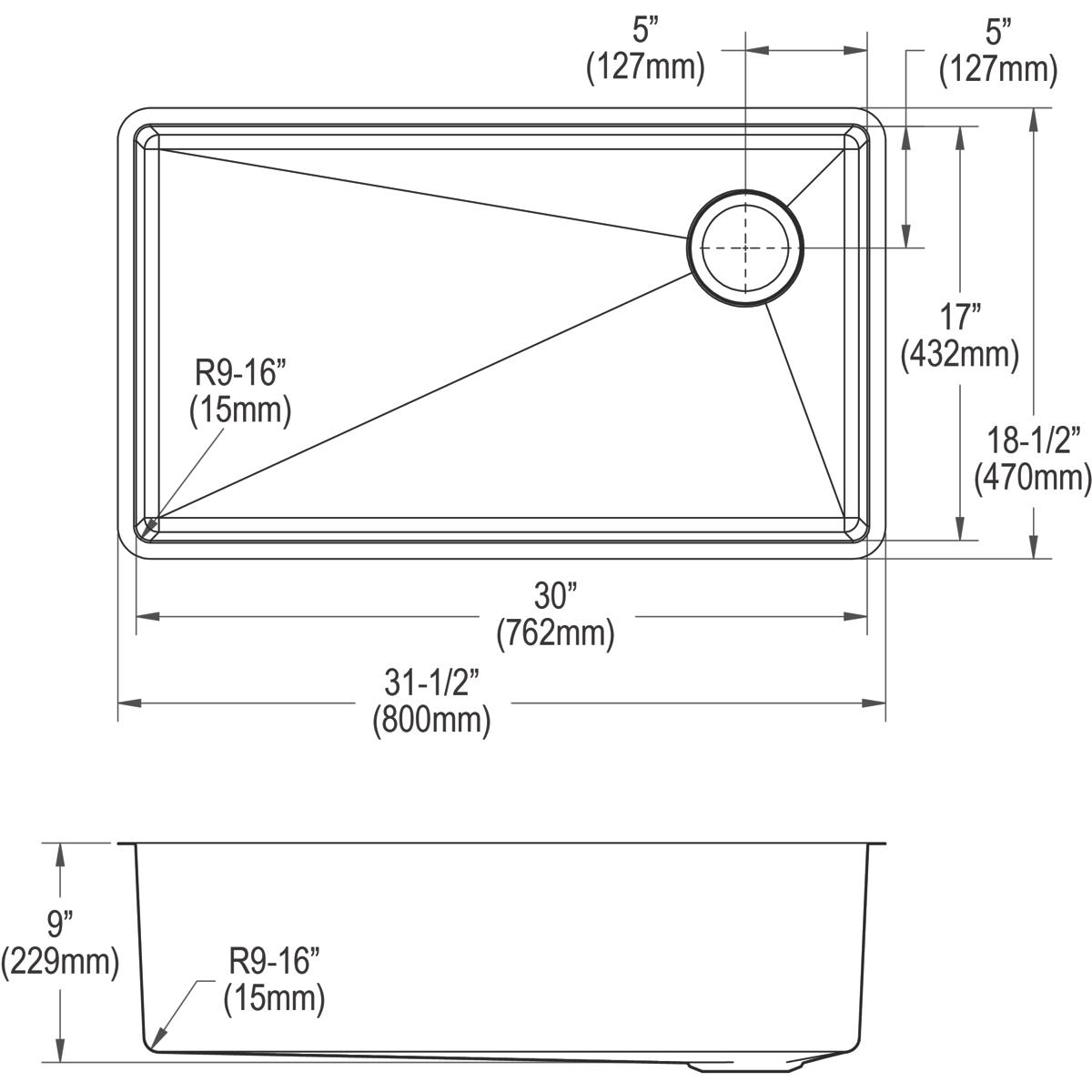 Elkay Crosstown 18 Gauge Stainless Steel 31-1/2" x 18-1/2" x 9" Single Bowl Undermount Sink