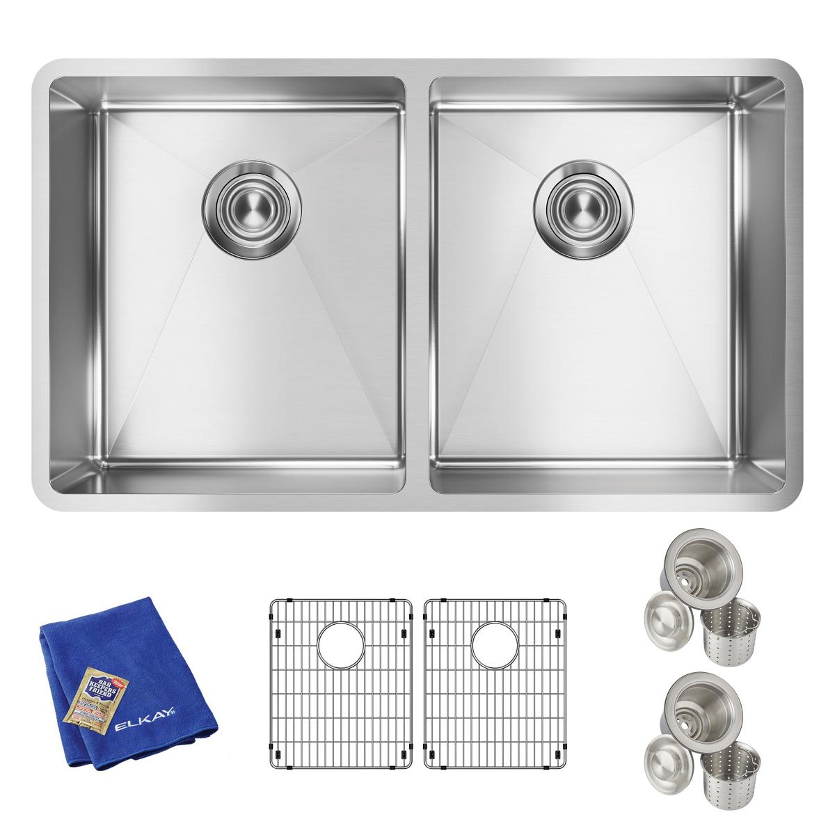 Stainless steel double bowl undermount sink with two equal compartments, drain strainers, wire grids, and blue cloth included
