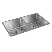 Stainless steel double bowl undermount sink with two equal-sized basins, drain holes, and wire grid inserts.