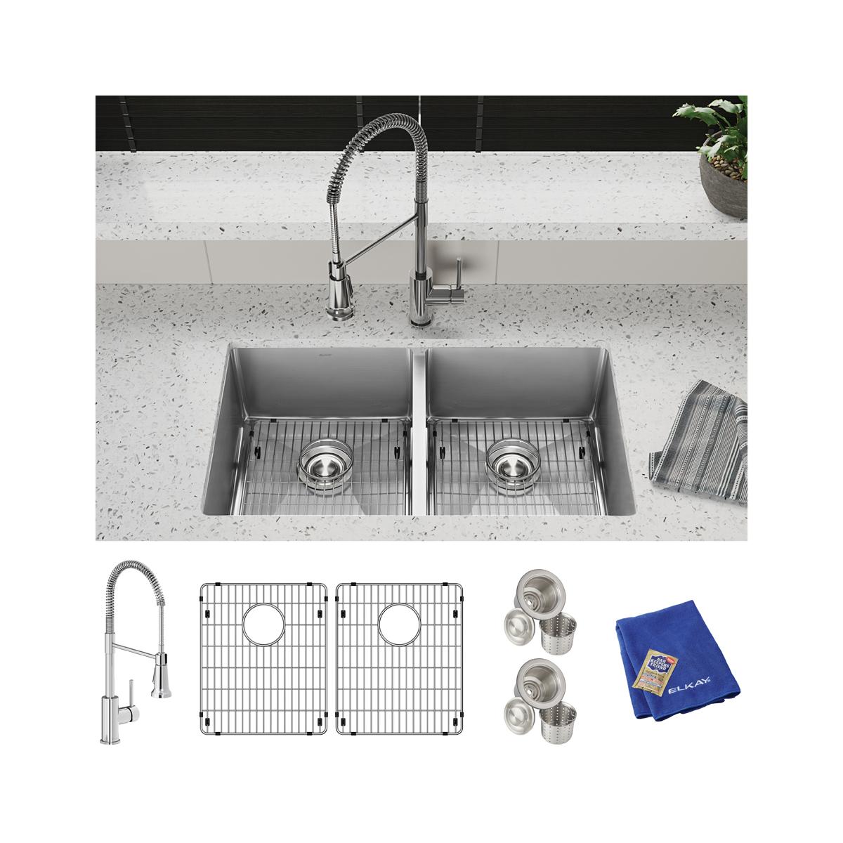 Stainless steel double bowl undermount sink installed in countertop with faucet, including grid strainers, and cleaning cloth