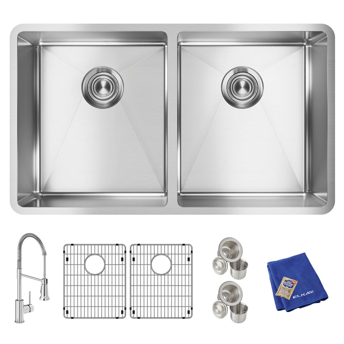Stainless steel double bowl undermount sink with two equal compartments, two drain strainers, grid inserts, single-handle fau