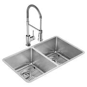 Stainless steel double bowl undermount sink with two equal basins, metal grid inserts, and chrome pull-down kitchen faucet.