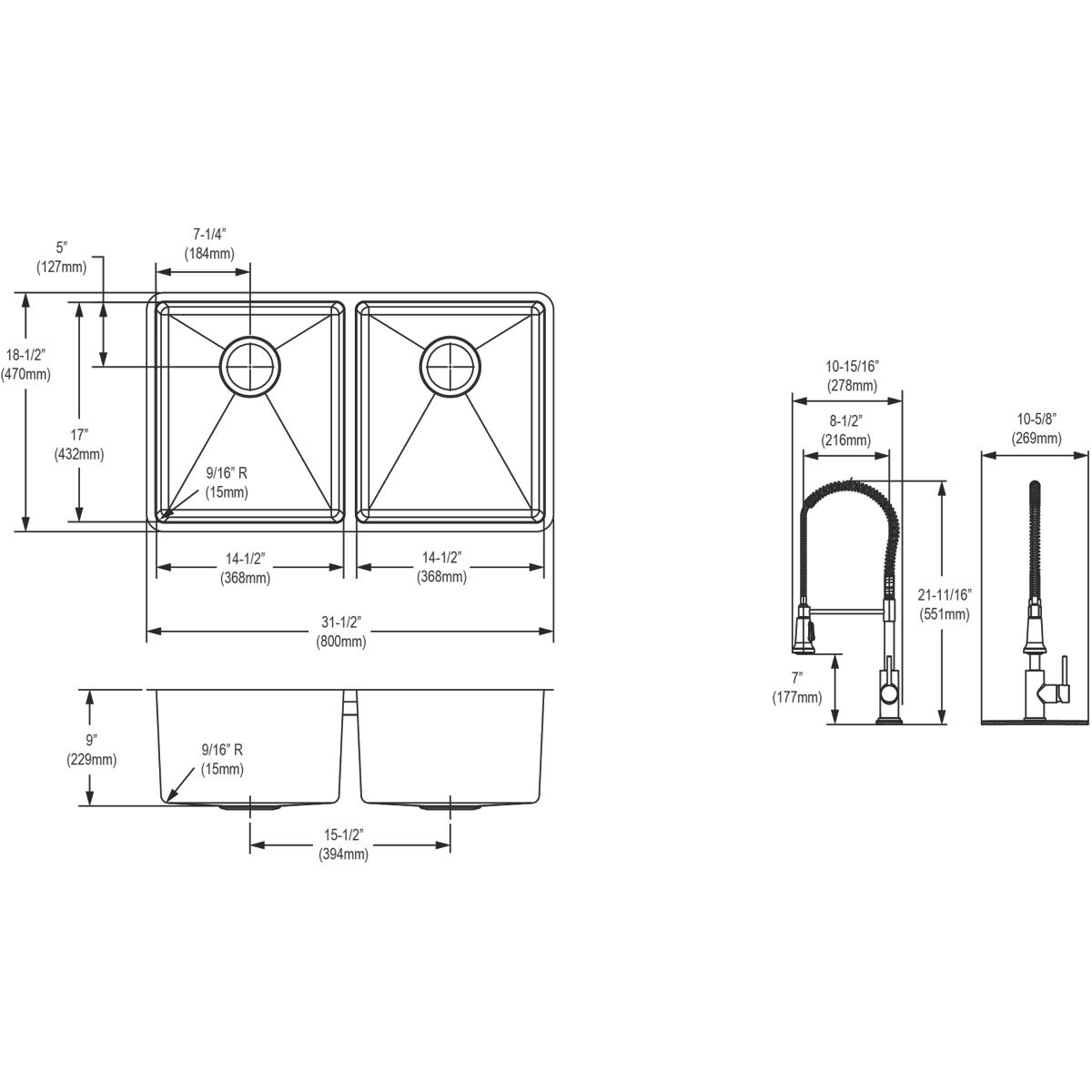 Technical schematic showing stainless steel double bowl undermount sink with equal-sized bowls and pull-down kitchen faucet, 