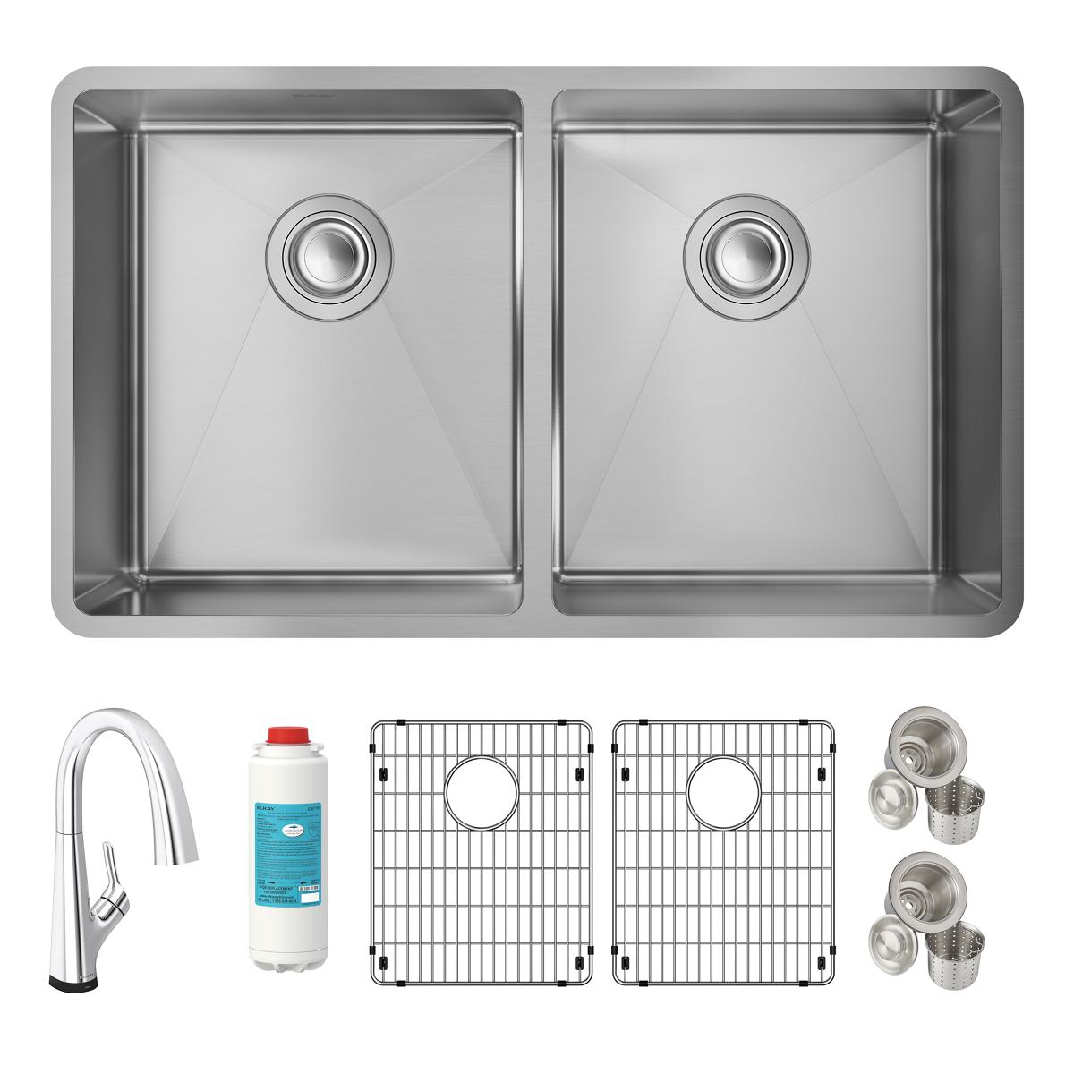 Stainless steel double bowl undermount sink kit with curved faucet, filter cartridge, grid inserts, and drain strainers inclu