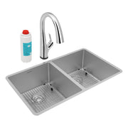 Stainless steel double bowl undermount sink with two equal compartments, grid inserts, chrome pulldown faucet, and water filt