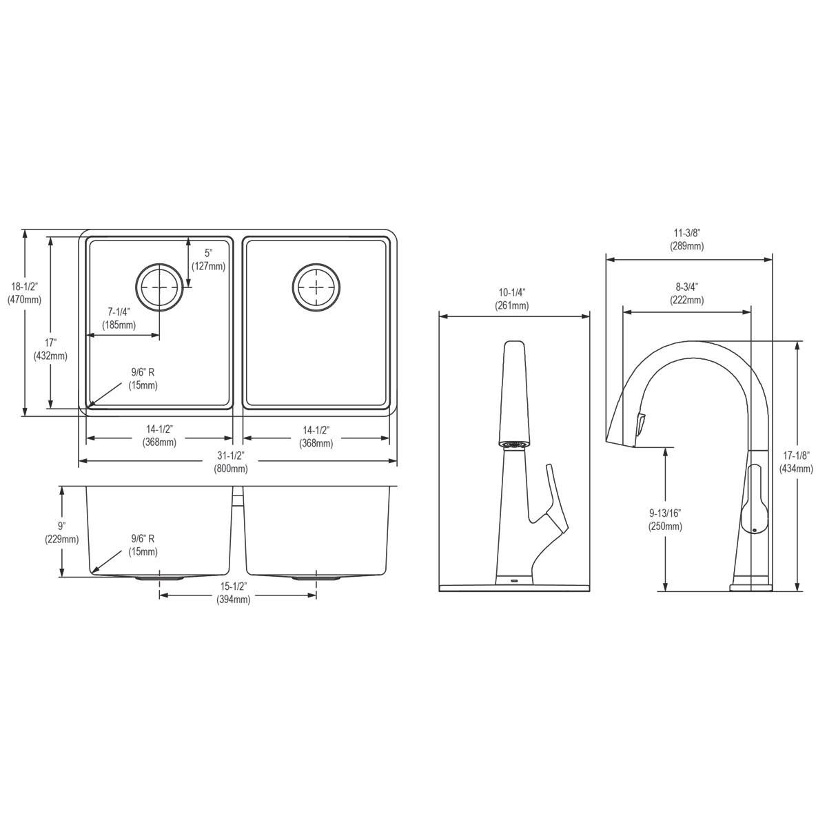 Technical schematic showing top and side views of stainless steel double bowl undermount sink with dimensions and matching fi
