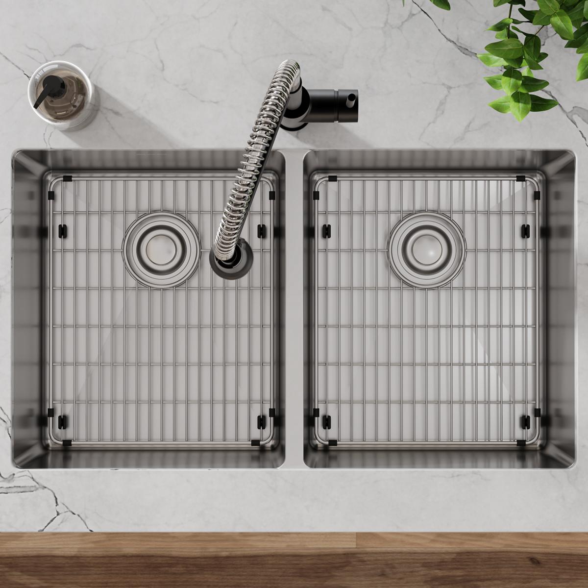 Stainless steel sink grid with vertical ribbed pattern and circular drain hole, shown installed in rectangular basin.