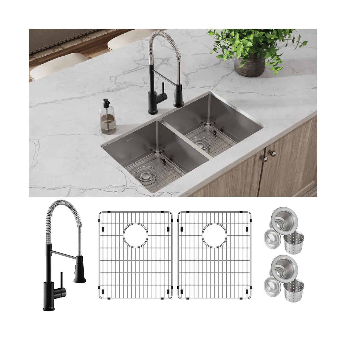 Stainless steel double bowl undermount sink installed in white countertop with black pull-down faucet and included bottom gri