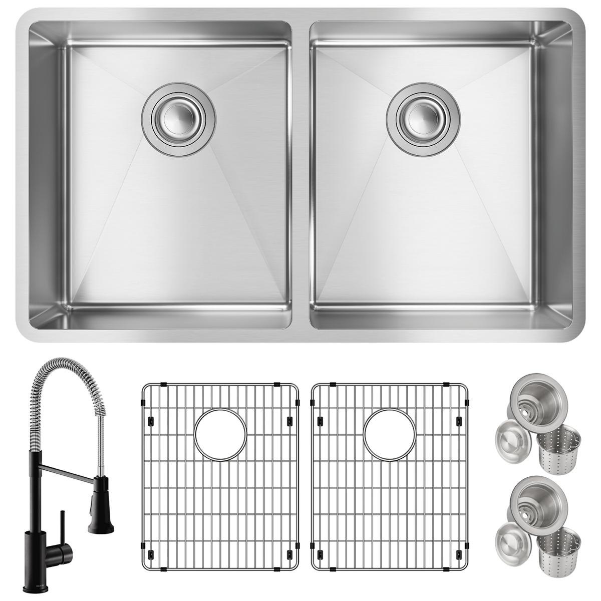 Stainless steel double bowl undermount sink with two grids, black pull-down faucet, and drain accessories.