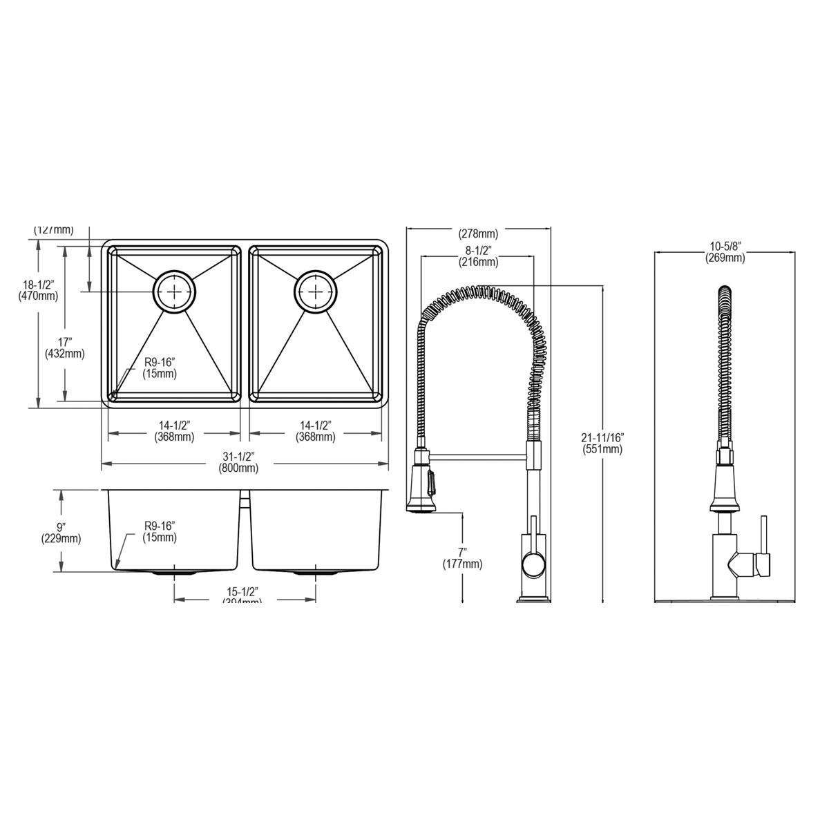Technical drawings showing top view of equal double bowl stainless steel sink with dimensions and side views of pull-down fau