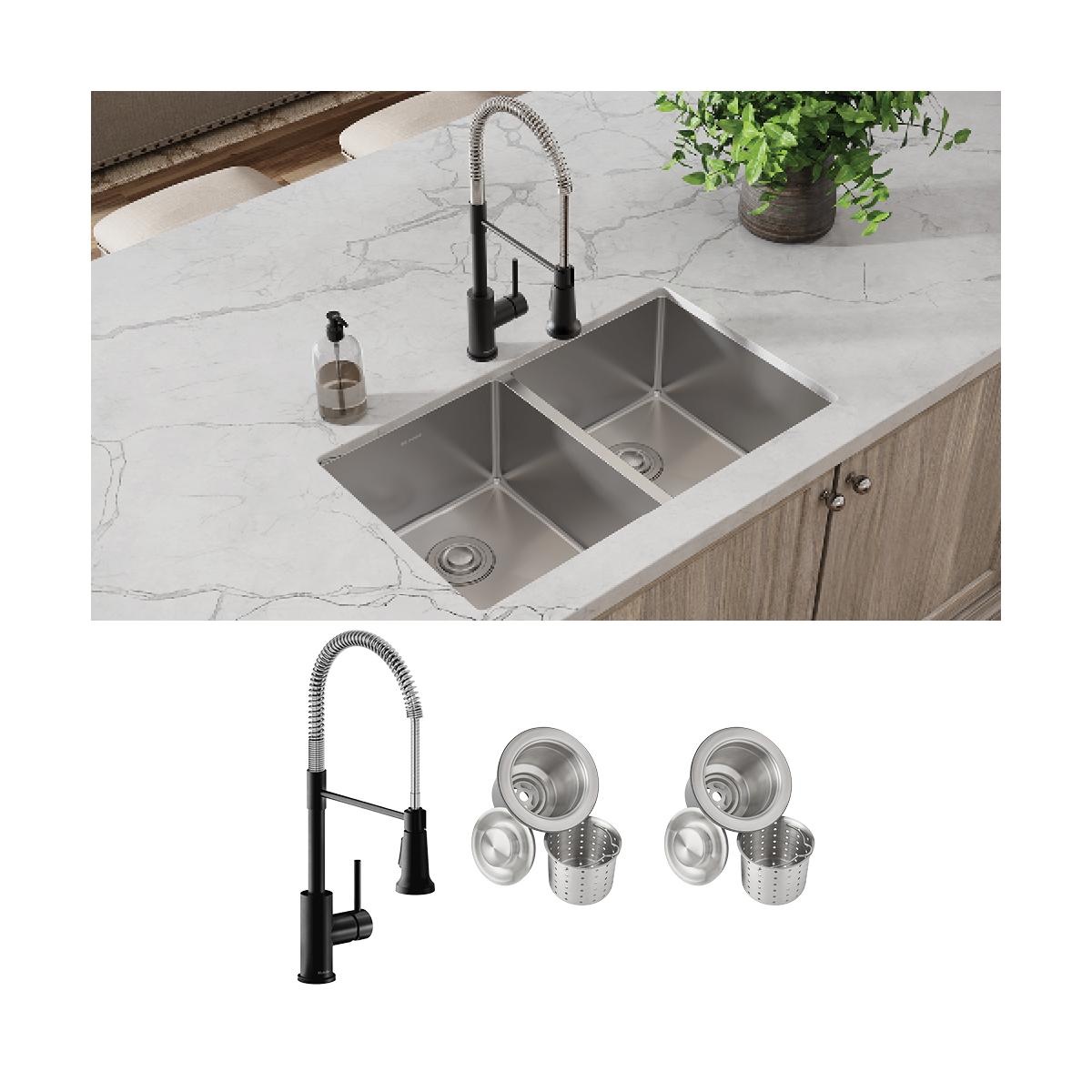 Stainless steel undermount sink with two equal bowls, black pull-down faucet, and strainer baskets installed in white counter