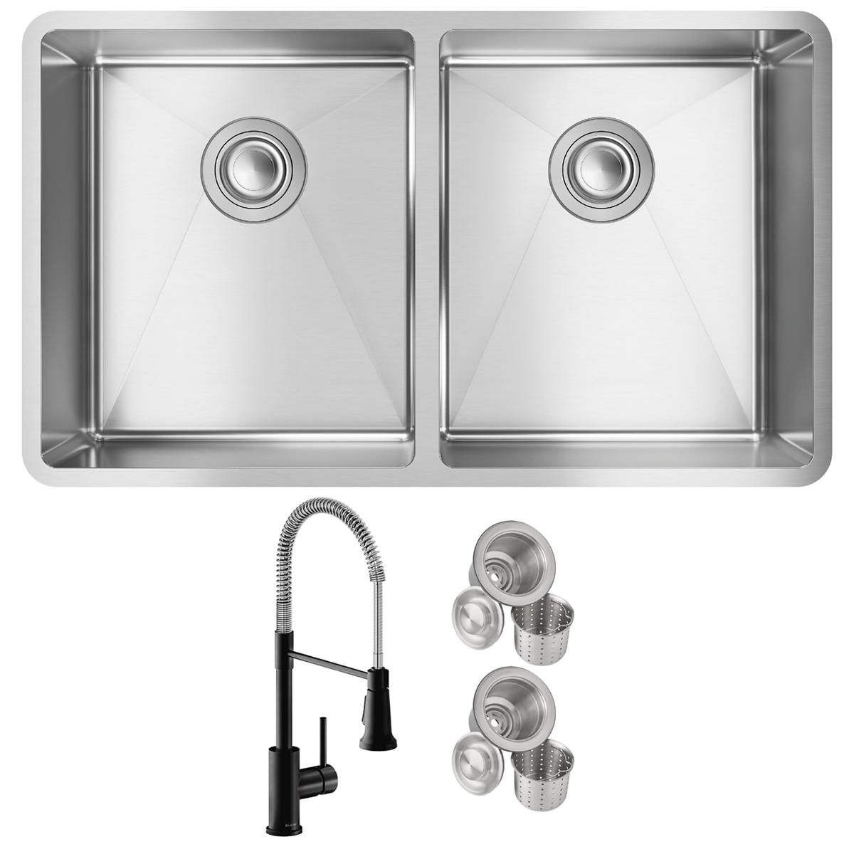 Stainless steel double bowl undermount sink with two drain strainers and black pull-down faucet.