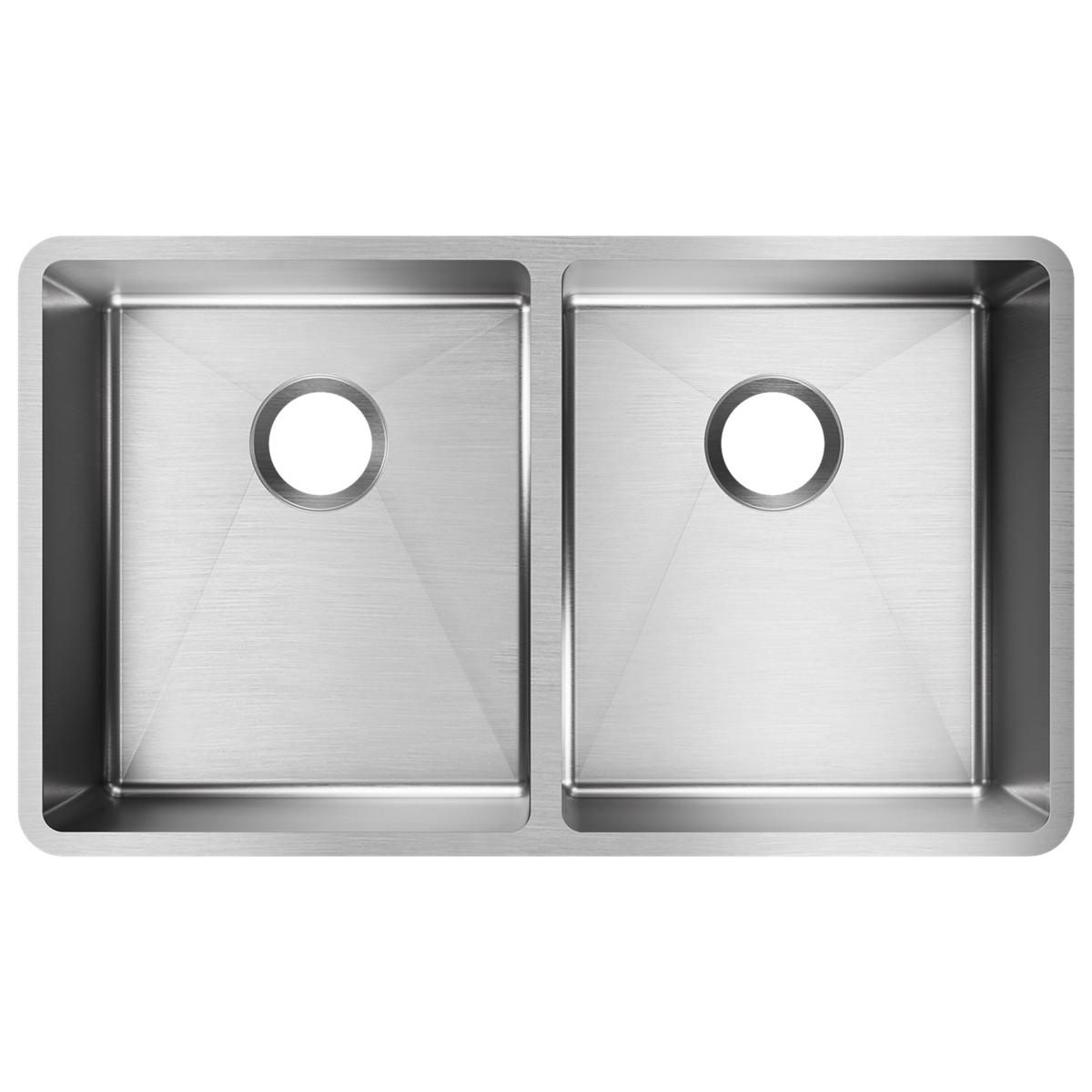 Stainless steel double bowl undermount sink with two equal-sized basins and drain holes, viewed from above.