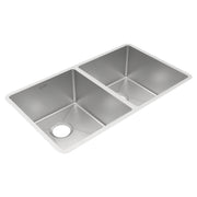 Stainless steel double bowl undermount sink with two equal-sized rectangular basins and drain hole on left side.
