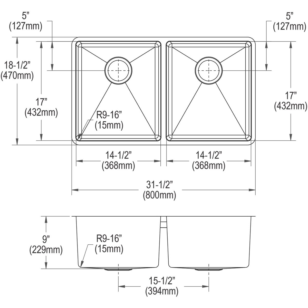 Stainless steel double bowl undermount sink with dimensions and specifications labeled, showing top and side views with measu