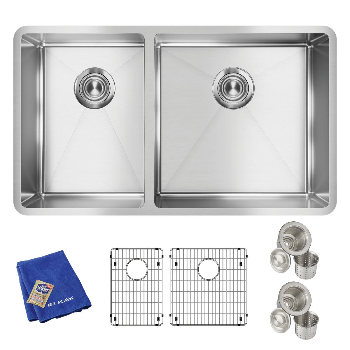 Stainless steel double bowl undermount sink with two drain strainers, grid inserts, and blue cleaning cloth included.