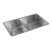 Stainless steel double bowl undermount sink with two unequal compartments, each containing a drain basket and wire grid.