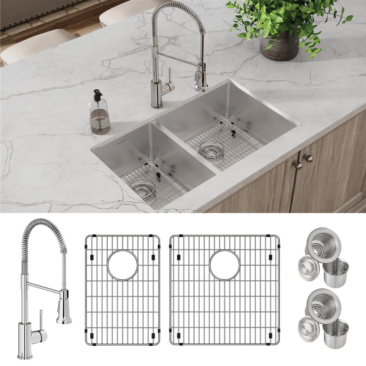 Stainless steel double bowl undermount sink with pull-down faucet, bottom grids, and drain strainers included.