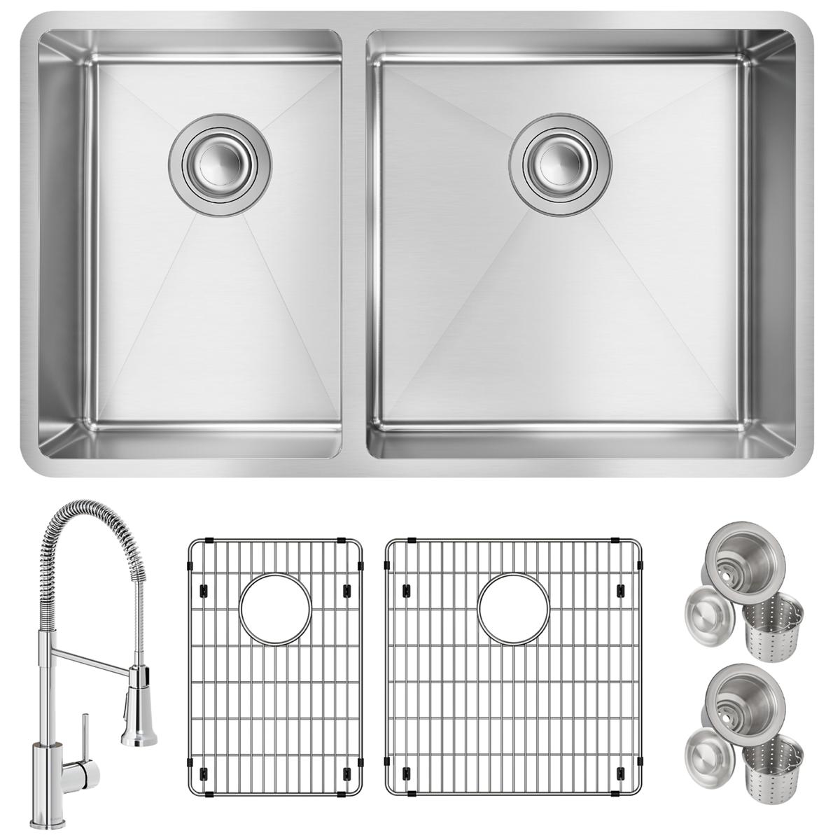 Stainless steel double bowl undermount sink with two bottom grids, faucet, and drain strainers included.