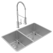 Stainless steel double bowl undermount sink with two compartments, bottom grids, drains, and matching pull-down faucet.
