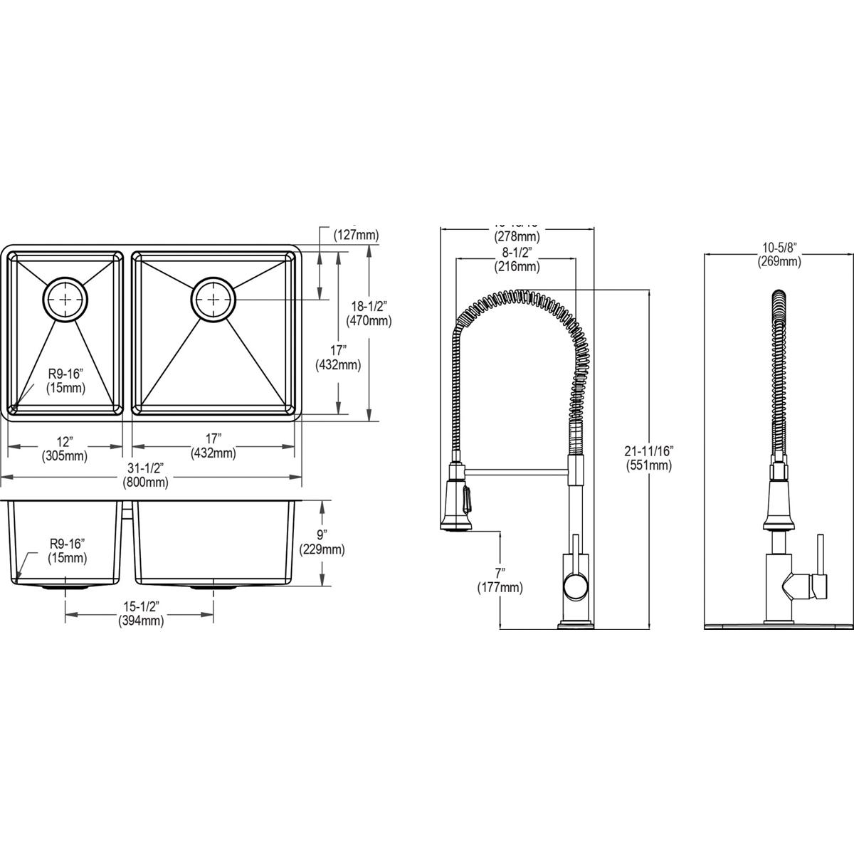 Stainless steel double bowl undermount sink with 40/60 configuration and matching pull-down faucet shown in technical dimensi
