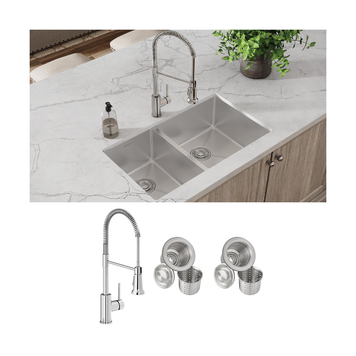Stainless steel double bowl undermount sink with spring-neck faucet and two strainer baskets installed in marble countertop.
