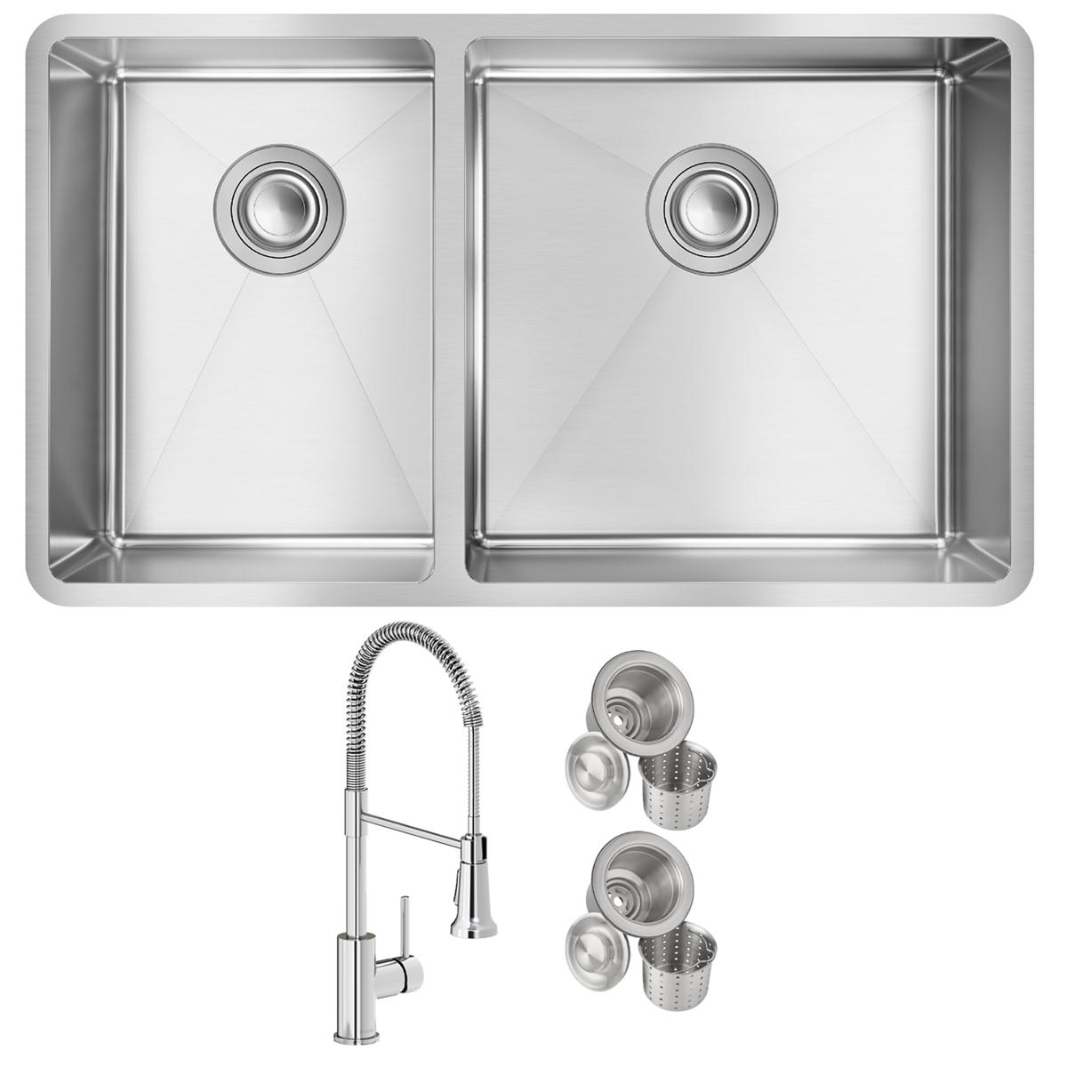 Stainless steel double bowl undermount sink with two drain strainers and pull-down kitchen faucet.