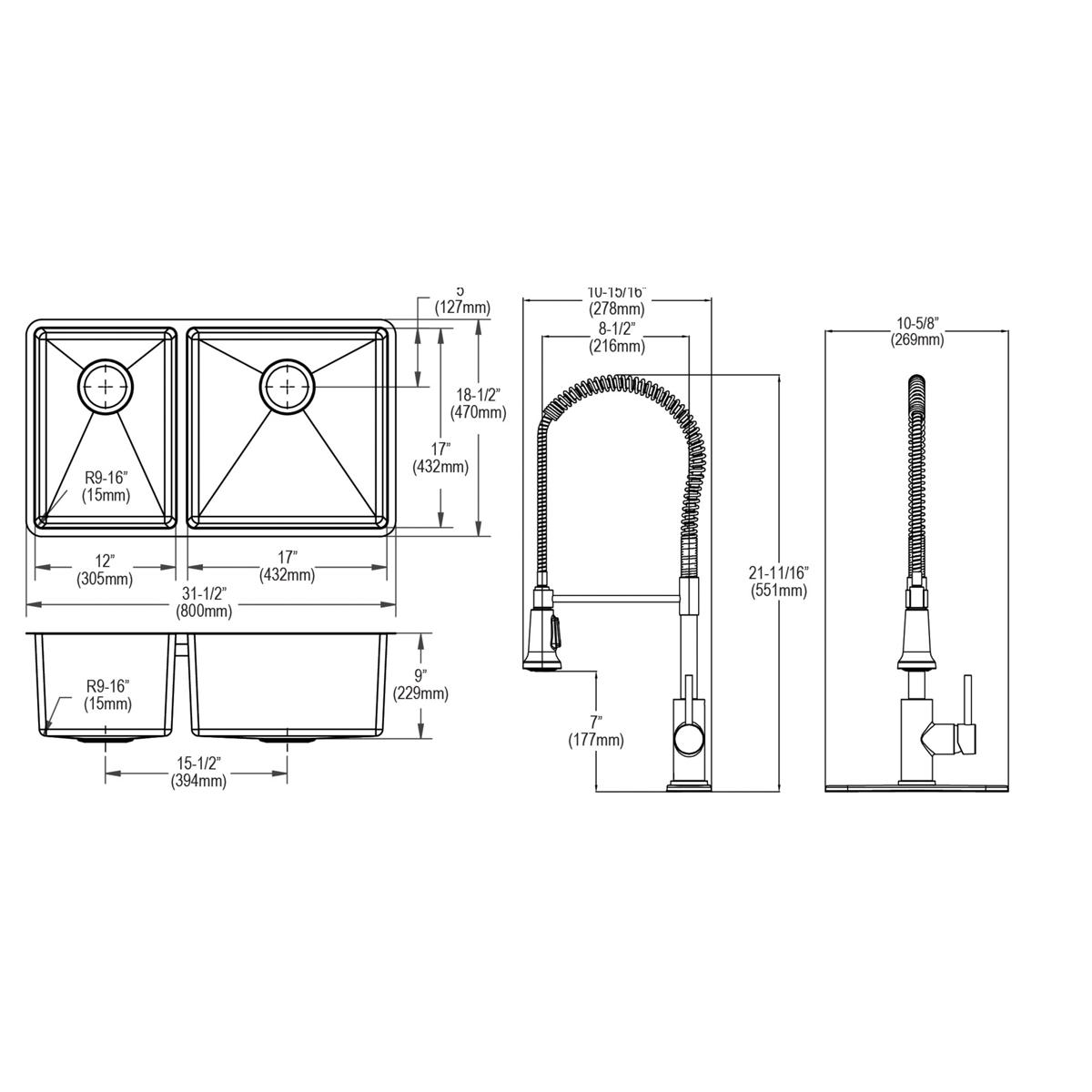 Stainless steel double bowl undermount sink with pull-down faucet and drain, shown in top, front, and side technical drawings
