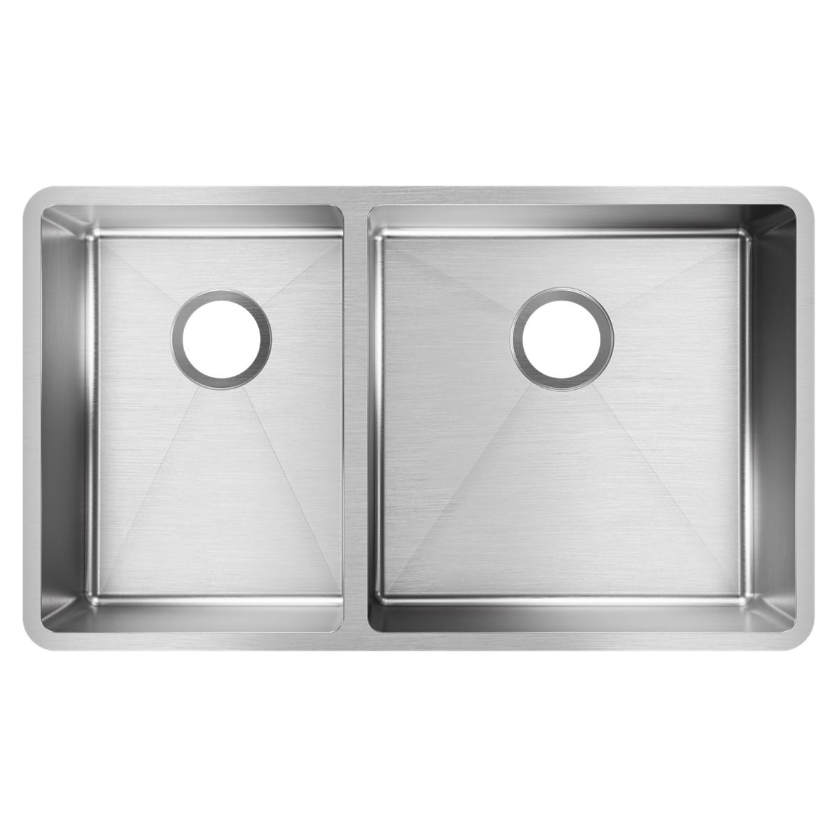Stainless steel double bowl undermount sink with two unequal basins and drain holes, viewed from above.