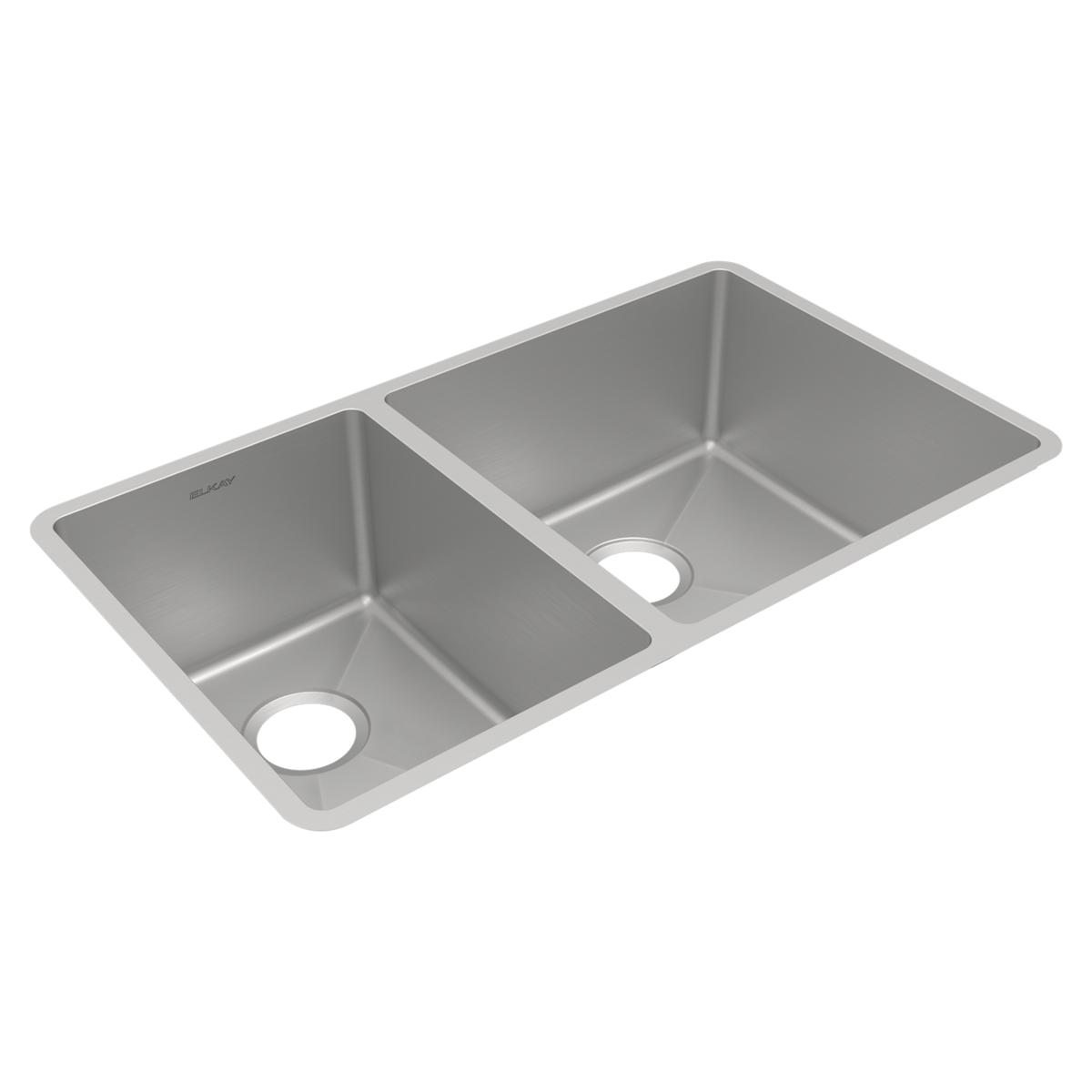 Stainless steel double bowl undermount sink with two separate basins and drain holes.