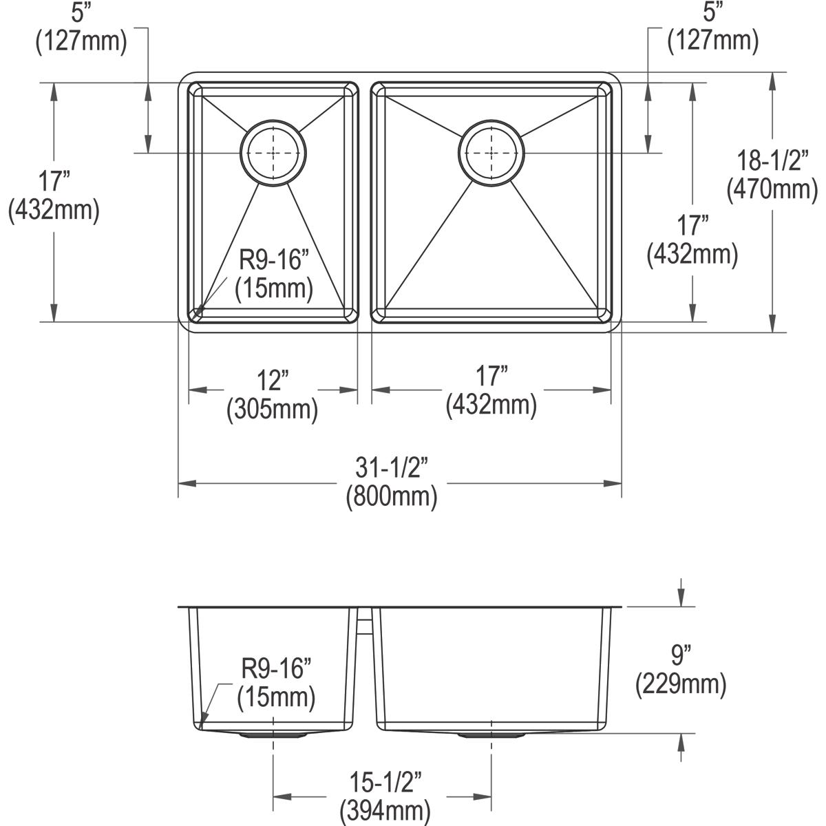 Technical drawing of stainless steel double bowl undermount sink showing top and side views with dimensions and bowl specific