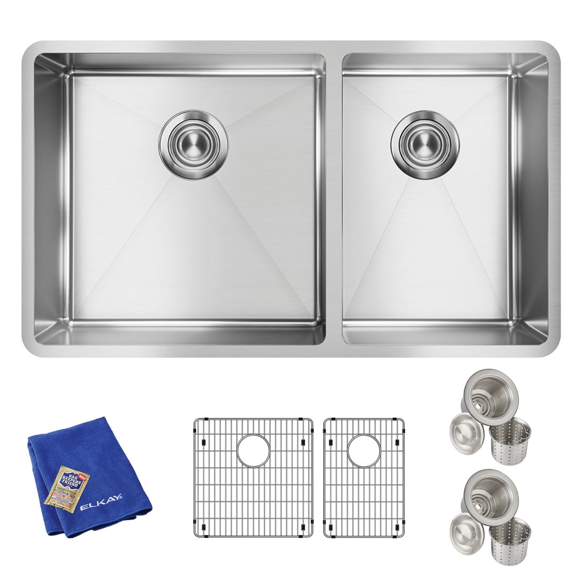 Stainless steel double bowl undermount sink with two drain strainers, protective grids, and blue cleaning cloth included.