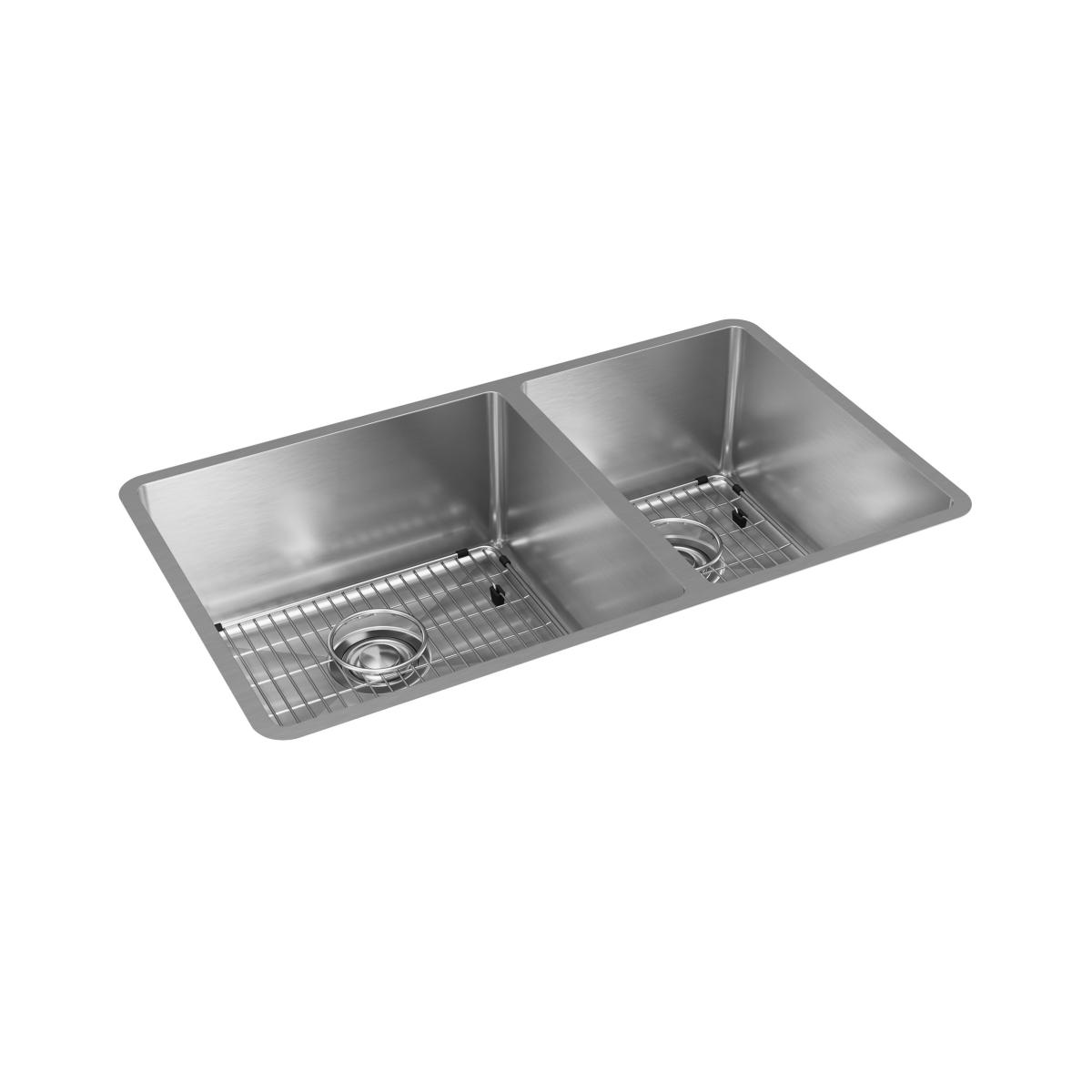 Stainless steel double bowl undermount sink with two compartments of different sizes, wire racks, and drain openings.
