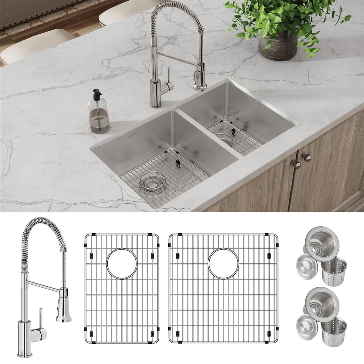 Stainless steel double bowl undermount sink with spring faucet, bottom grids, and drain components included.