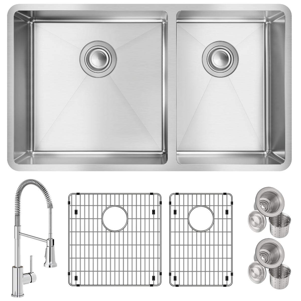 Stainless steel double bowl undermount sink with two grids, pull-down faucet, and strainer baskets included.