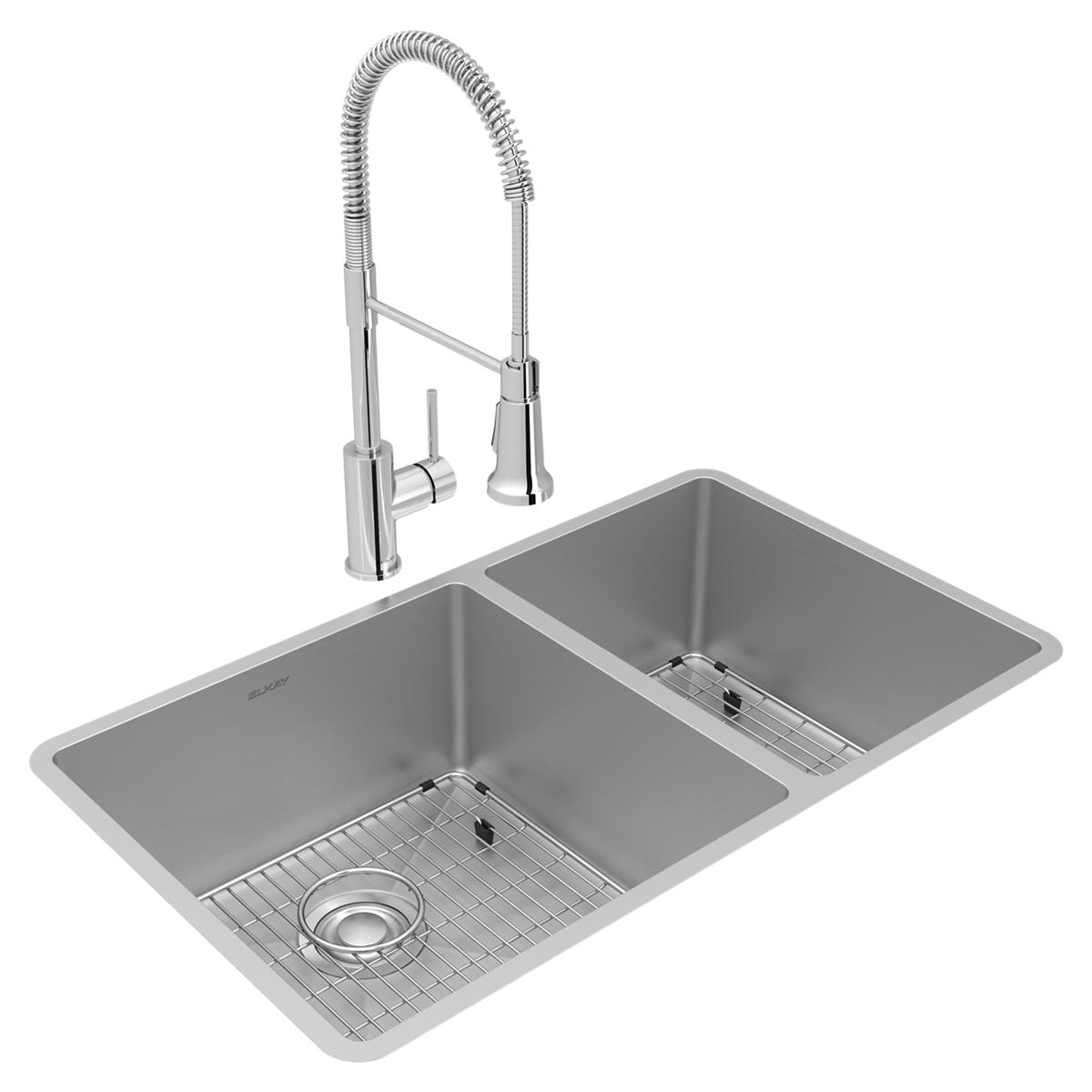 Stainless steel double bowl undermount sink with spray faucet, bottom grids, and drain strainers included.