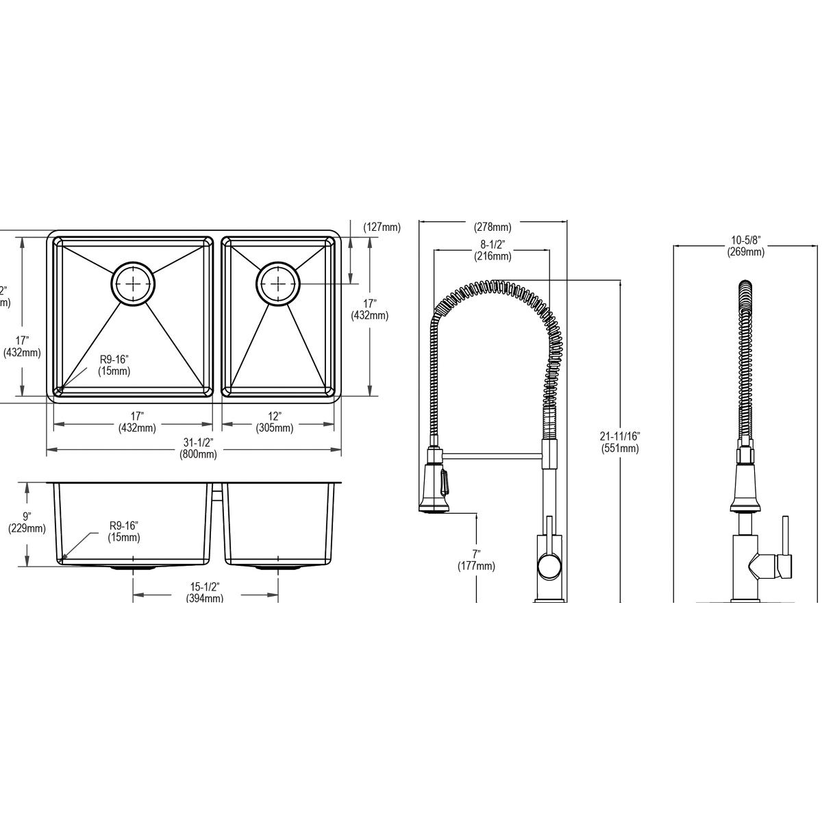 Stainless steel double bowl undermount sink with two faucet options and dimensional specifications shown in schematic view.
