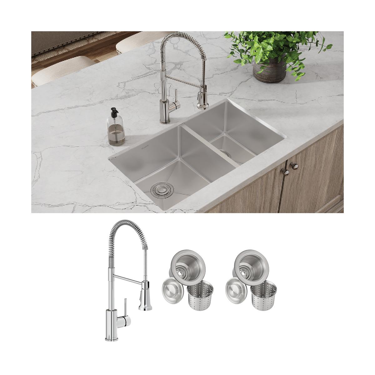 Stainless steel double bowl undermount sink installed in marble countertop with spring faucet and strainer baskets.