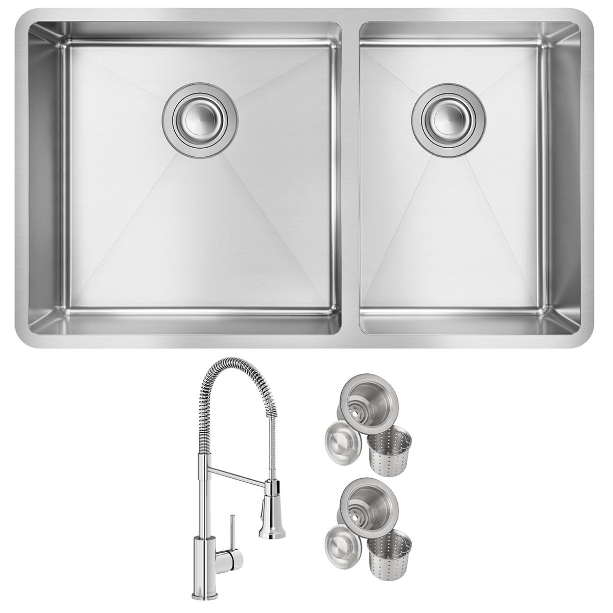 Stainless steel double bowl undermount sink with two drain holes and pull-down faucet with matching strainer baskets.