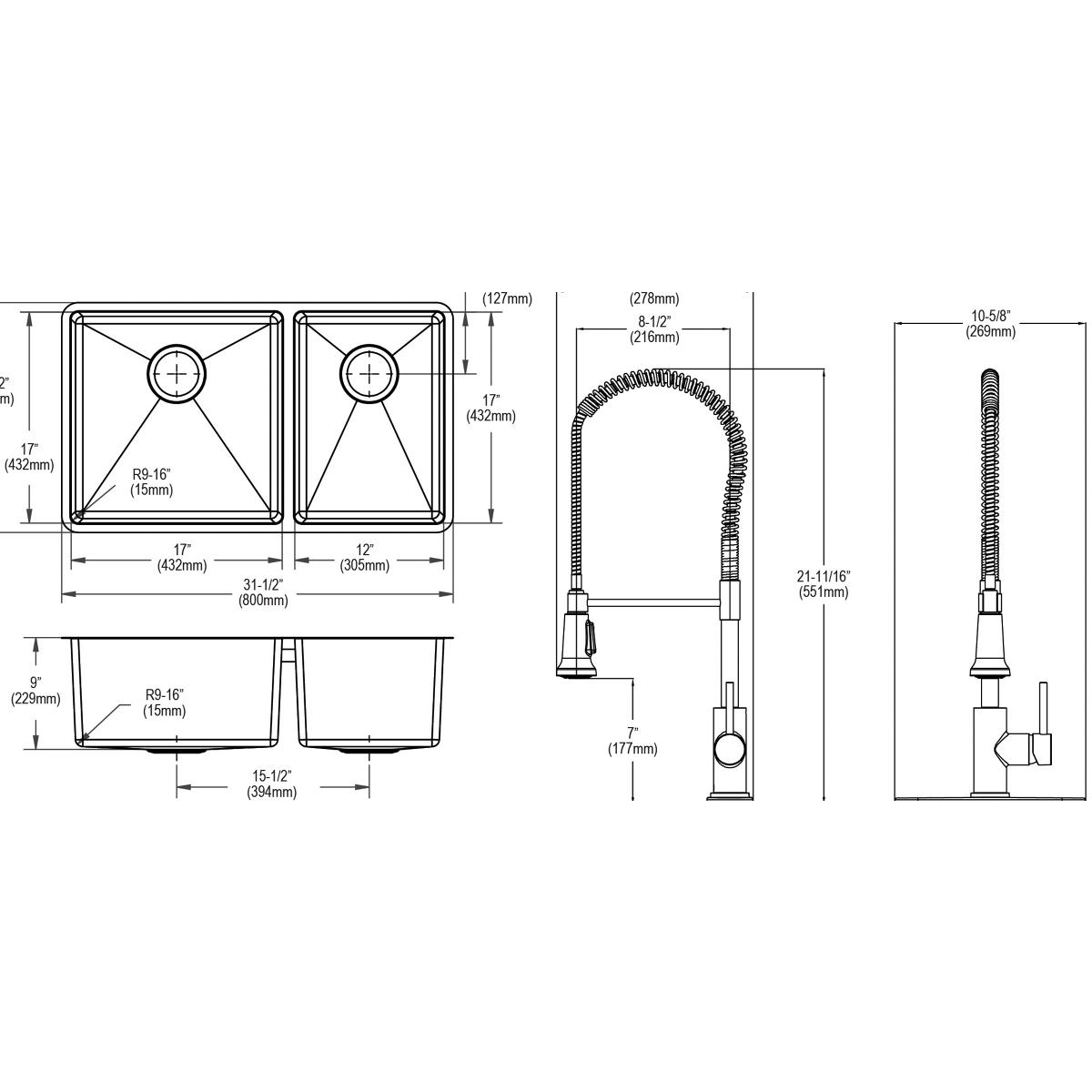 Stainless steel double bowl undermount sink with 60/40 configuration and pull-down faucet, shown in top and side view technic