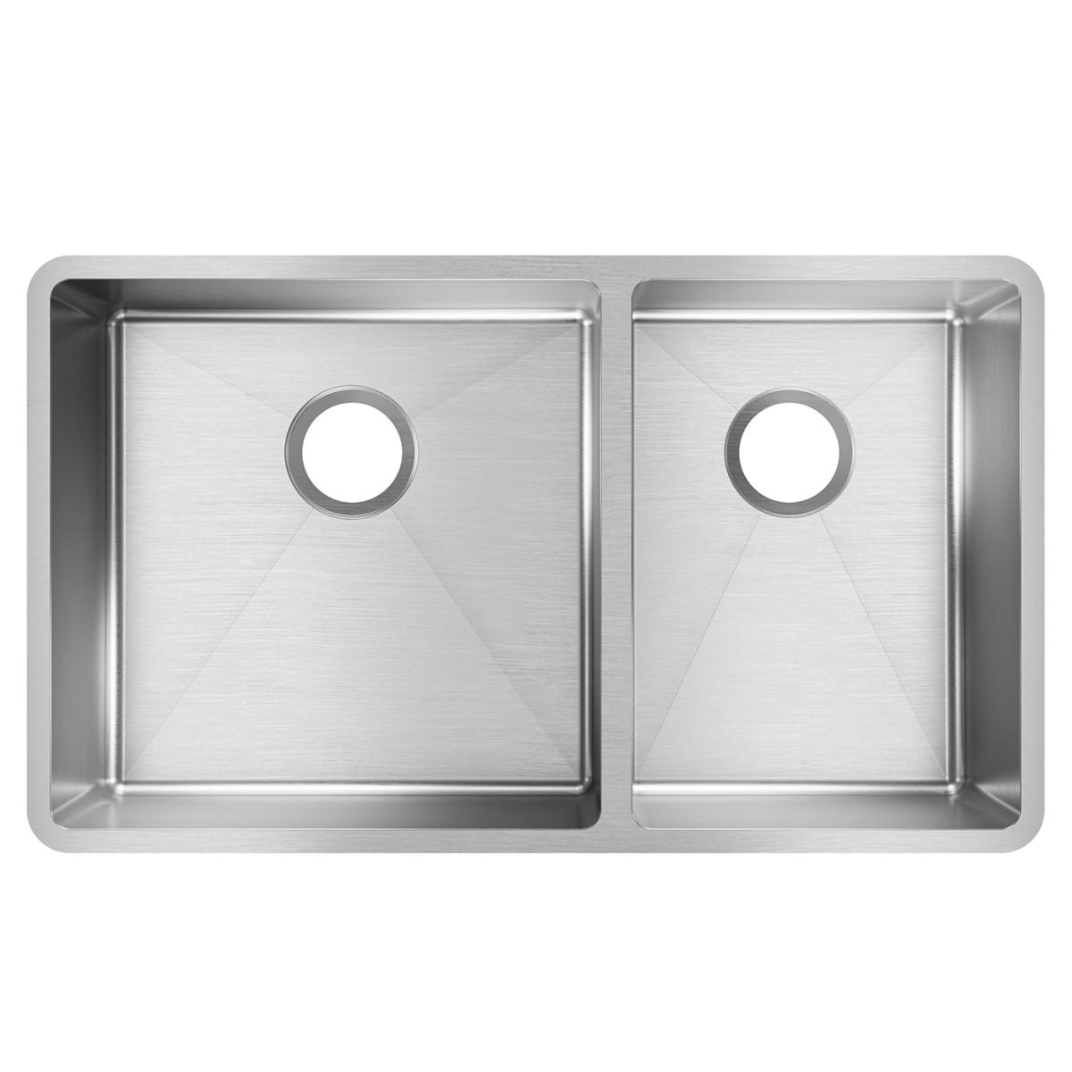 Stainless steel double bowl undermount sink with two unequal bowls and drain holes, viewed from above.