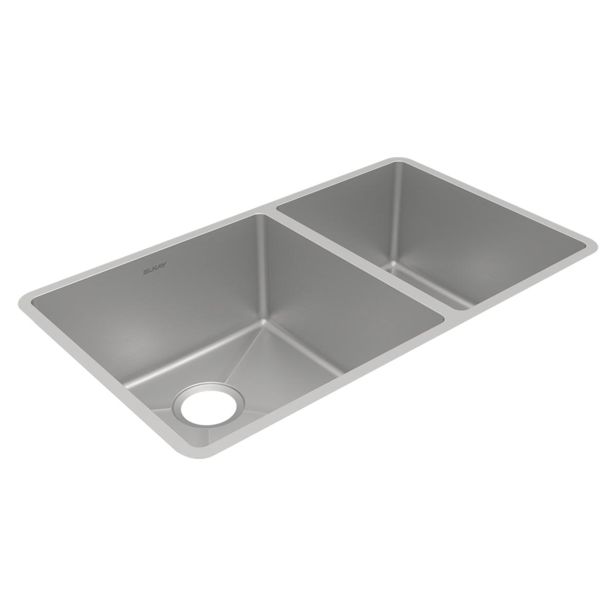Stainless steel double bowl undermount sink with larger left bowl and smaller right bowl, drain hole visible on left side.